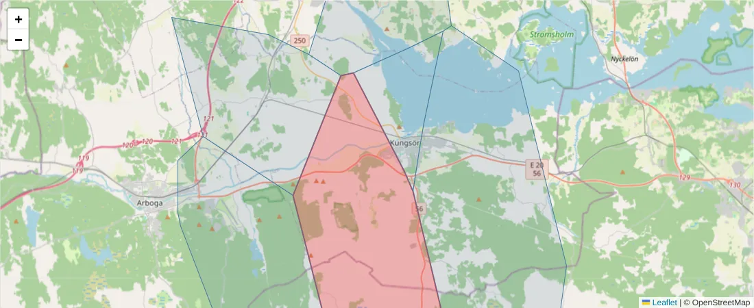 Karta över postnummerområdet  och angränsande postnummer i Sverige