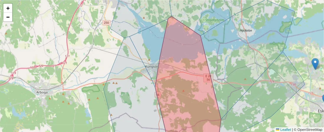Karta över postnummerområdet  och angränsande postnummer i Sverige