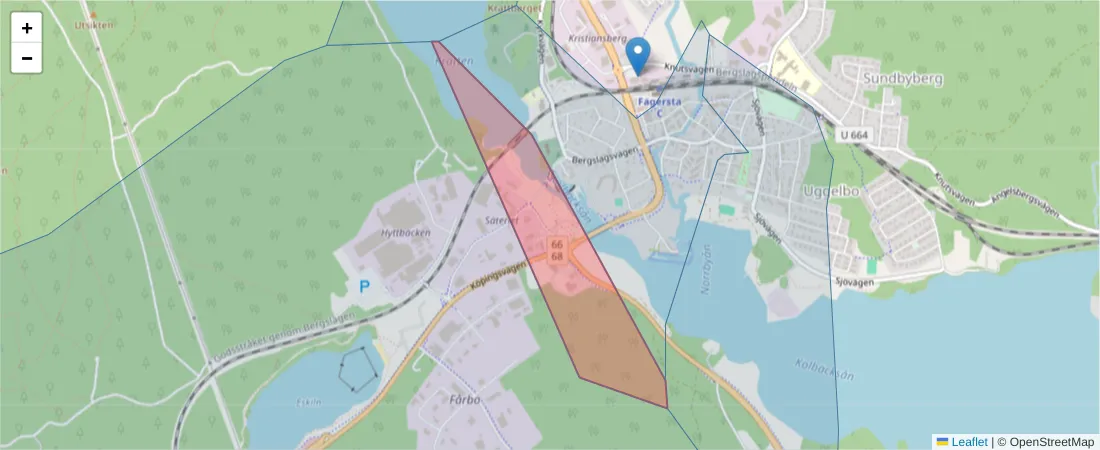 Karta över postnummerområdet  och angränsande postnummer i Sverige