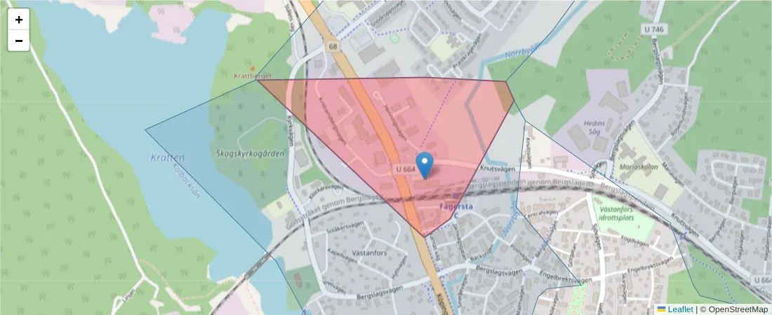 Karta över postnummerområdet  och angränsande postnummer i Sverige