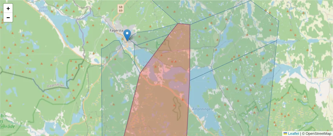 Karta över postnummerområdet  och angränsande postnummer i Sverige