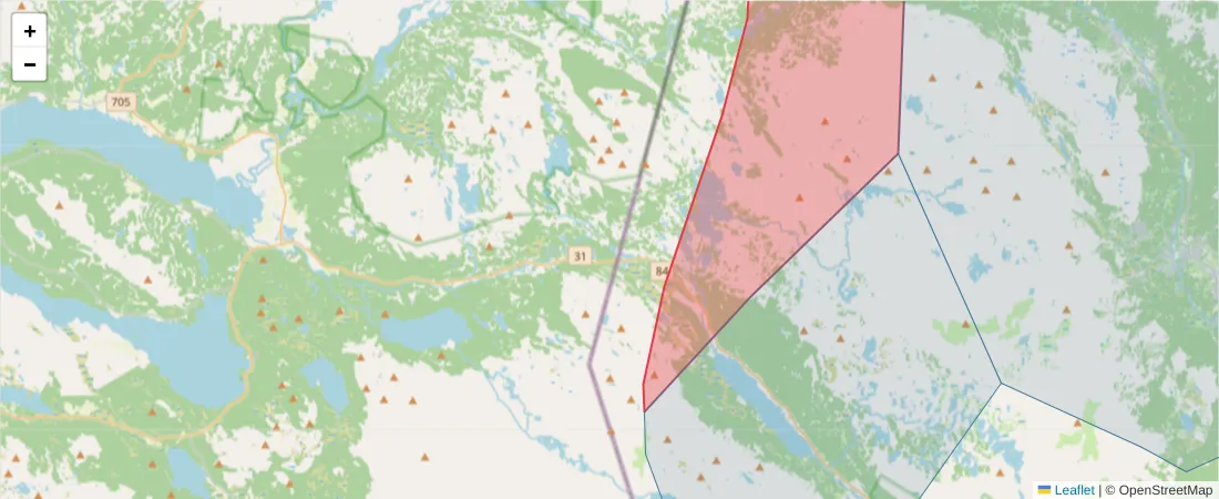 Karta över postnummerområdet  och angränsande postnummer i Sverige