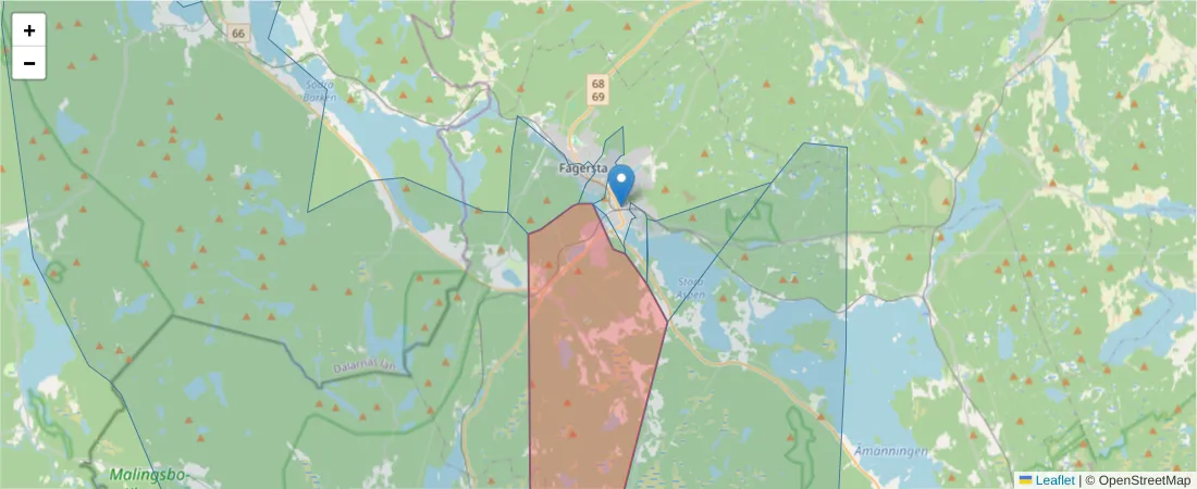 Karta över postnummerområdet  och angränsande postnummer i Sverige