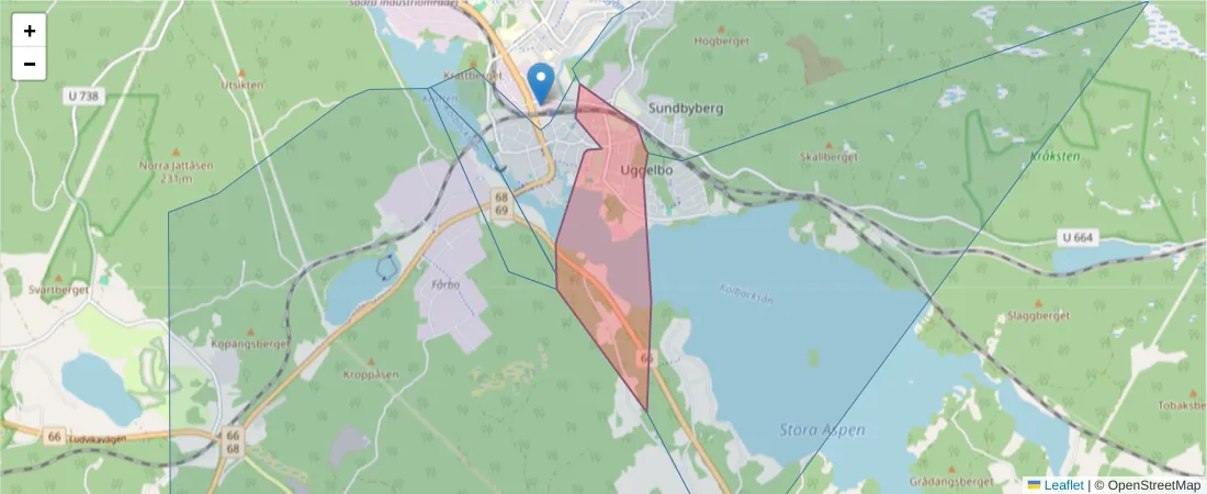 Karta över postnummerområdet  och angränsande postnummer i Sverige