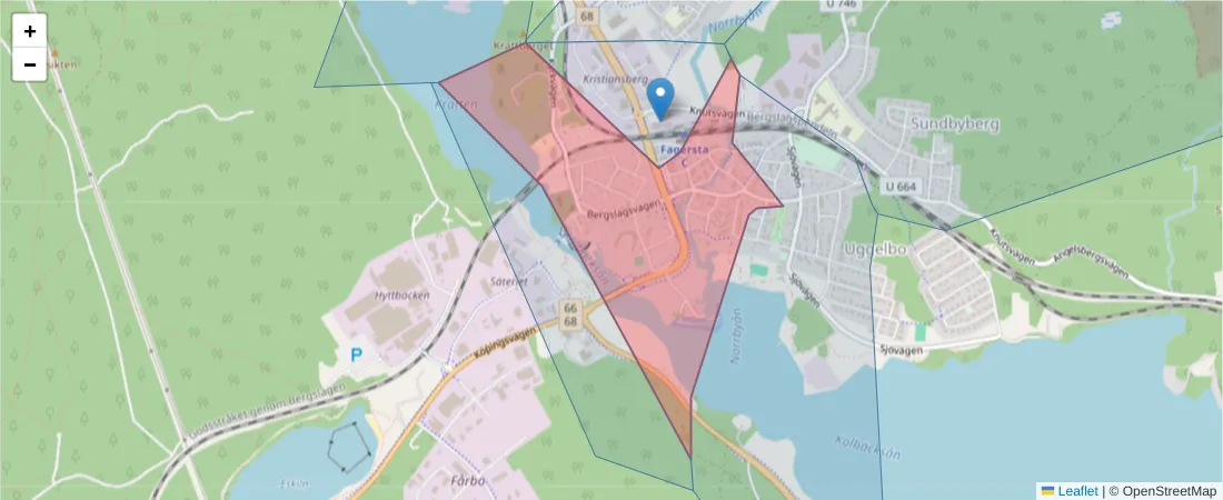 Karta över postnummerområdet  och angränsande postnummer i Sverige