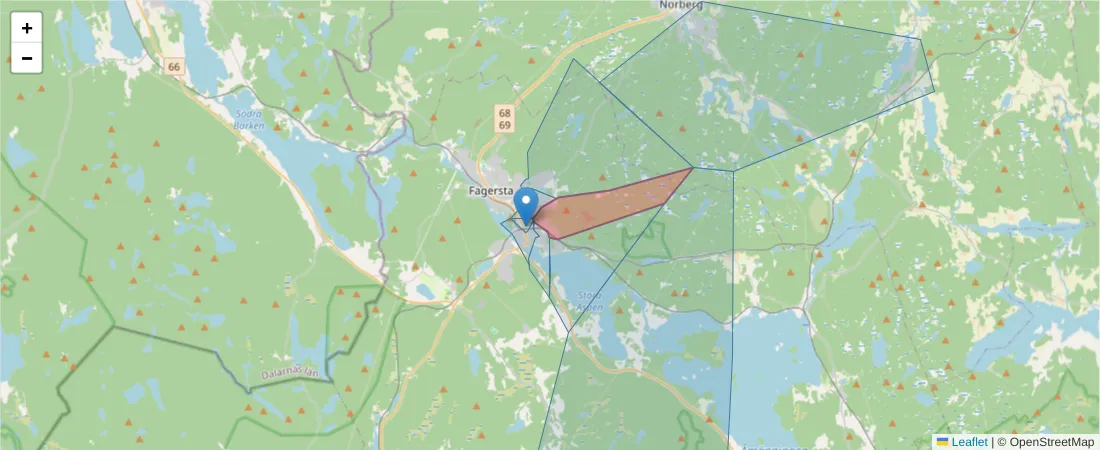Karta över postnummerområdet  och angränsande postnummer i Sverige