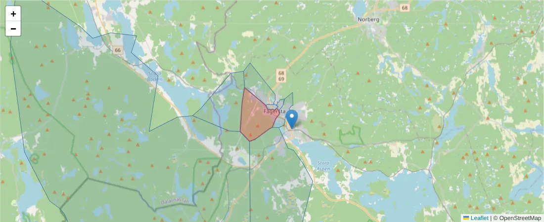 Karta över postnummerområdet  och angränsande postnummer i Sverige