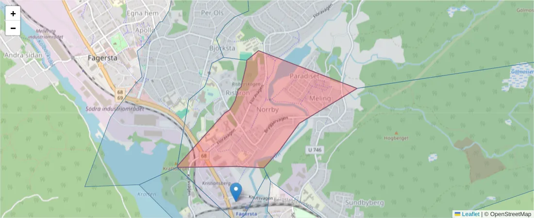 Karta över postnummerområdet  och angränsande postnummer i Sverige