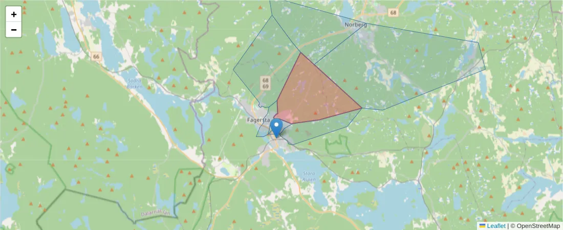Karta över postnummerområdet  och angränsande postnummer i Sverige