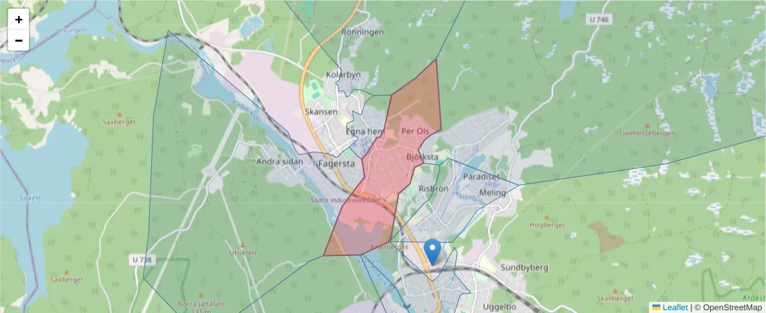 Karta över postnummerområdet  och angränsande postnummer i Sverige