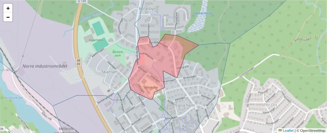 Karta över postnummerområdet  och angränsande postnummer i Sverige
