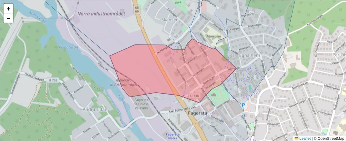 Karta över postnummerområdet  och angränsande postnummer i Sverige
