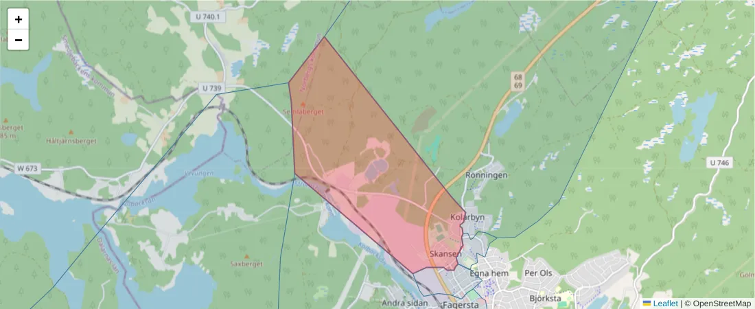Karta över postnummerområdet  och angränsande postnummer i Sverige