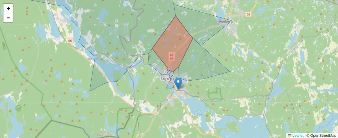 Karta över postnummerområdet  och angränsande postnummer i Sverige