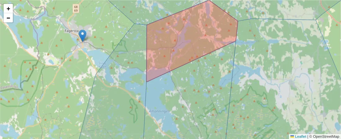 Karta över postnummerområdet  och angränsande postnummer i Sverige