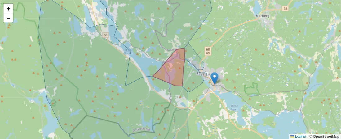 Karta över postnummerområdet  och angränsande postnummer i Sverige