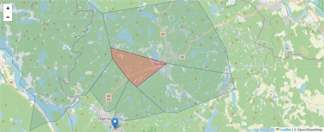 Karta över postnummerområdet  och angränsande postnummer i Sverige