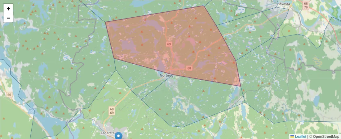 Karta över postnummerområdet  och angränsande postnummer i Sverige