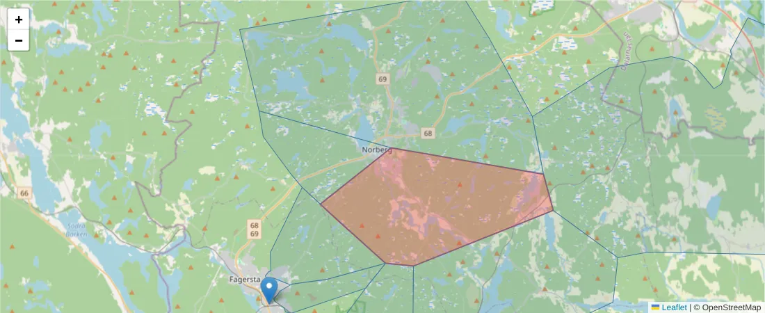 Karta över postnummerområdet  och angränsande postnummer i Sverige