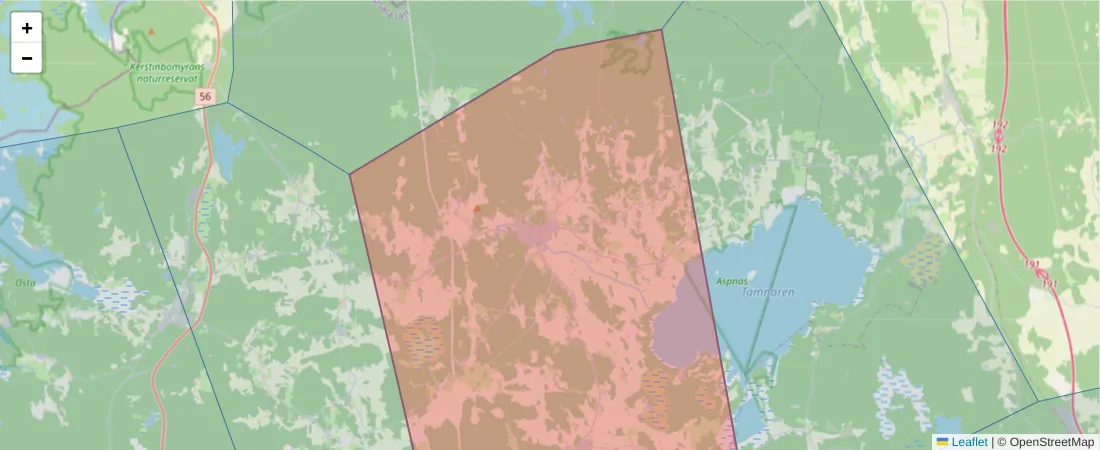 Karta över postnummerområdet  och angränsande postnummer i Sverige