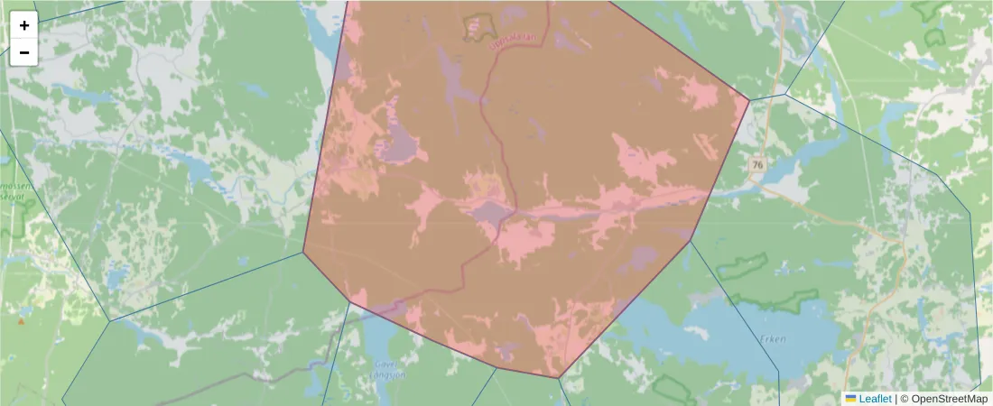 Karta över postnummerområdet  och angränsande postnummer i Sverige
