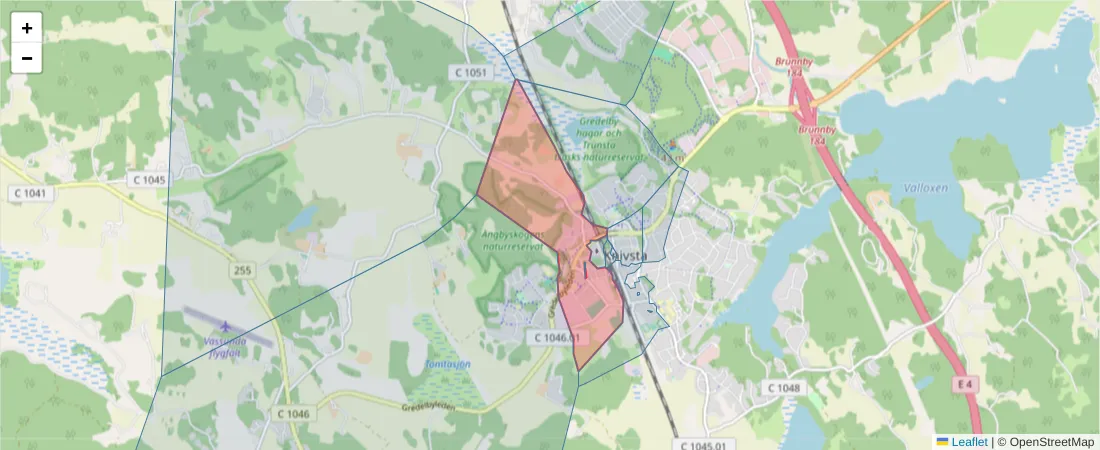 Karta över postnummerområdet  och angränsande postnummer i Sverige