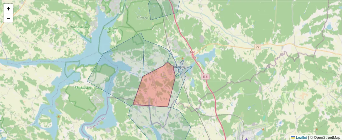 Karta över postnummerområdet  och angränsande postnummer i Sverige