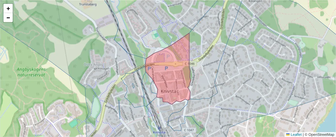 Karta över postnummerområdet  och angränsande postnummer i Sverige