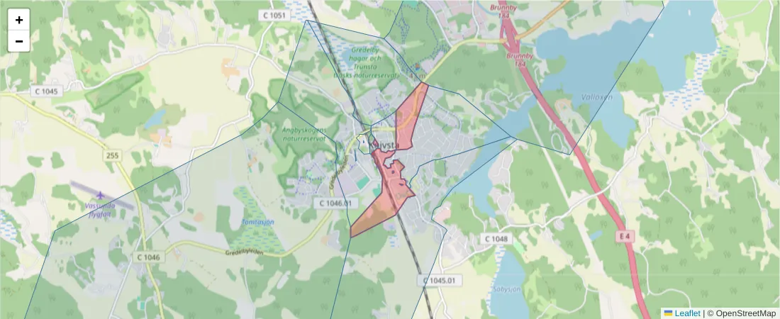 Karta över postnummerområdet  och angränsande postnummer i Sverige