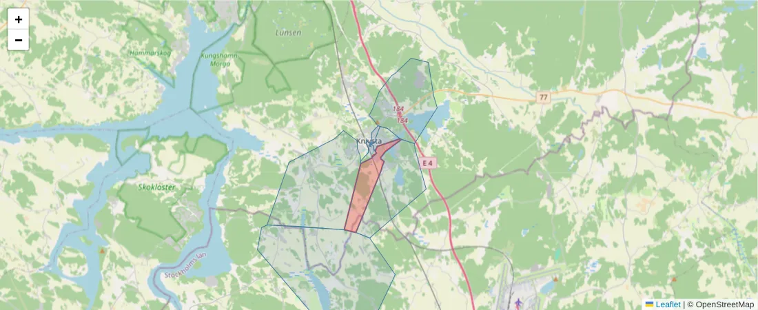 Karta över postnummerområdet  och angränsande postnummer i Sverige