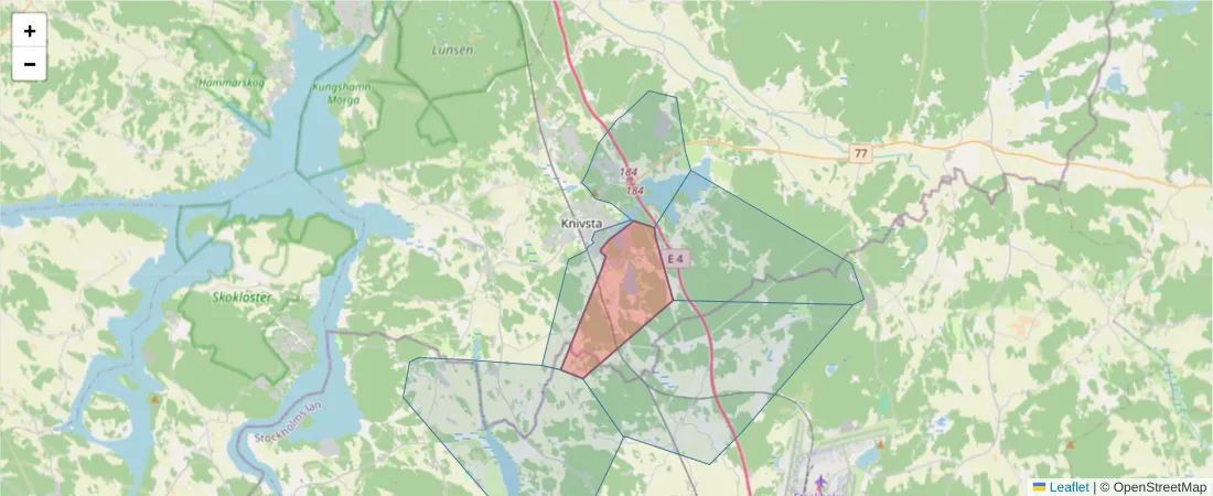 Karta över postnummerområdet  och angränsande postnummer i Sverige