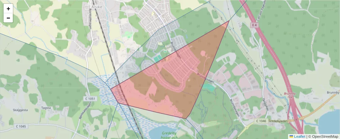 Karta över postnummerområdet  och angränsande postnummer i Sverige