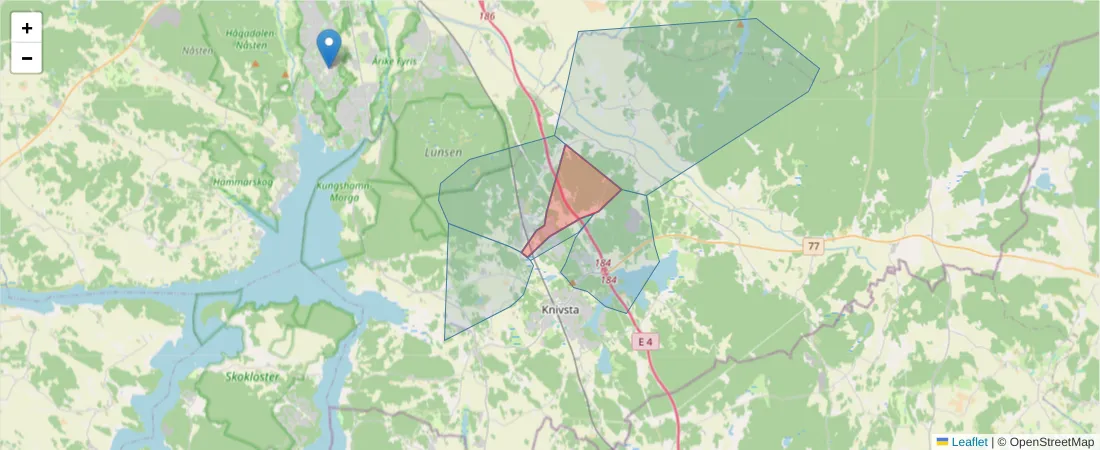 Karta över postnummerområdet  och angränsande postnummer i Sverige