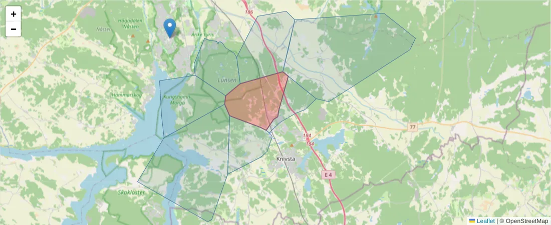 Karta över postnummerområdet  och angränsande postnummer i Sverige