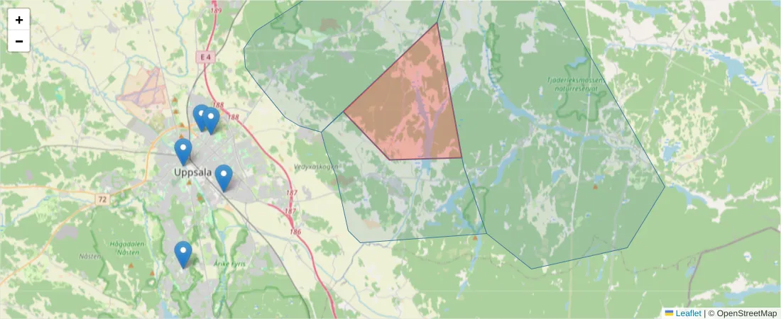 Karta över postnummerområdet  och angränsande postnummer i Sverige