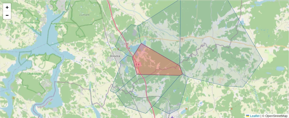 Karta över postnummerområdet  och angränsande postnummer i Sverige