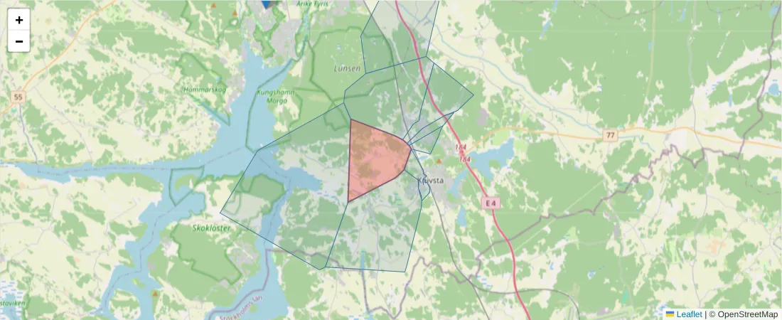 Karta över postnummerområdet  och angränsande postnummer i Sverige