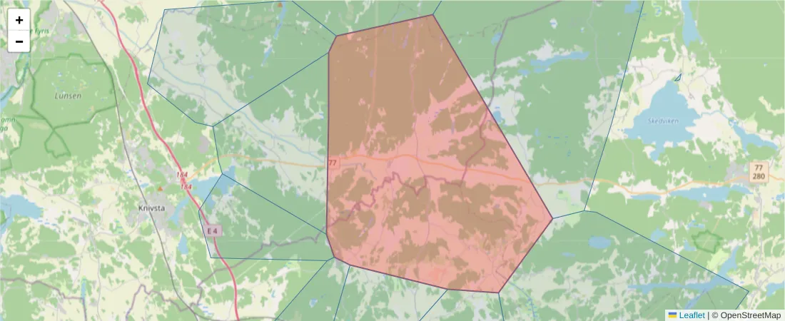 Karta över postnummerområdet  och angränsande postnummer i Sverige