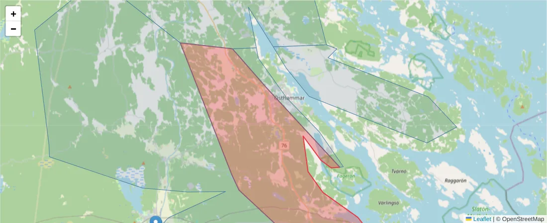 Karta över postnummerområdet  och angränsande postnummer i Sverige