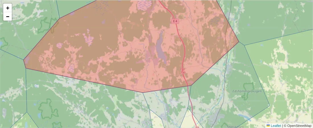 Karta över postnummerområdet  och angränsande postnummer i Sverige