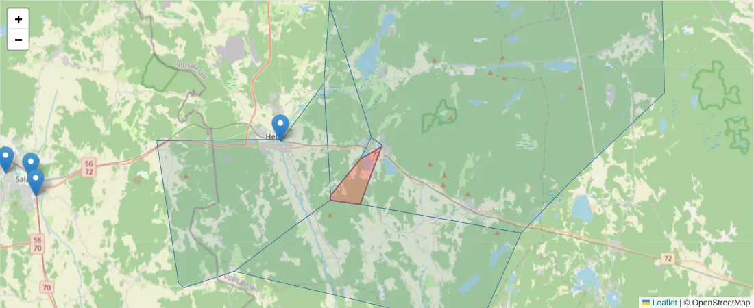 Karta över postnummerområdet  och angränsande postnummer i Sverige