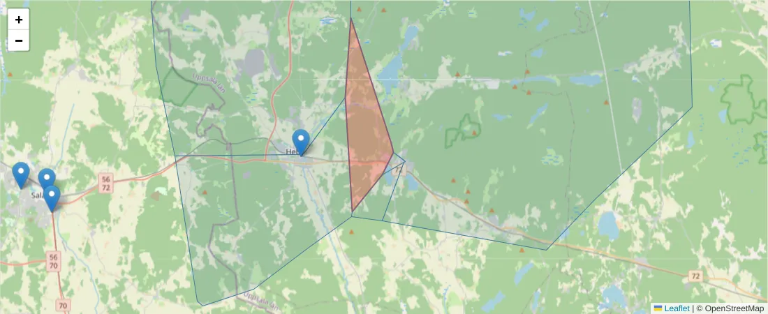 Karta över postnummerområdet  och angränsande postnummer i Sverige