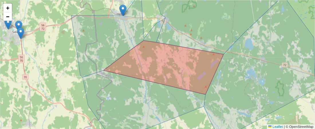 Karta över postnummerområdet  och angränsande postnummer i Sverige