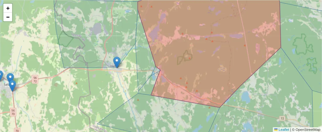 Karta över postnummerområdet  och angränsande postnummer i Sverige