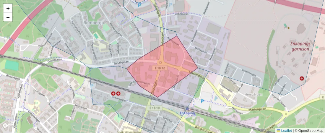 Karta över postnummerområdet  och angränsande postnummer i Sverige