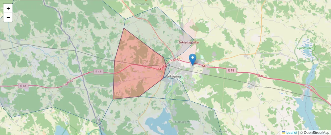 Karta över postnummerområdet  och angränsande postnummer i Sverige