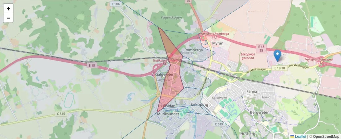 Karta över postnummerområdet  och angränsande postnummer i Sverige