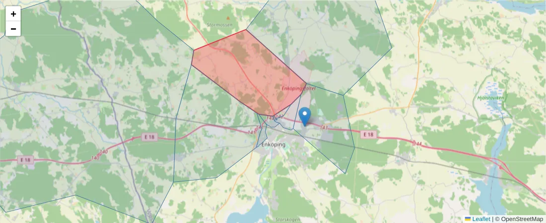 Karta över postnummerområdet  och angränsande postnummer i Sverige