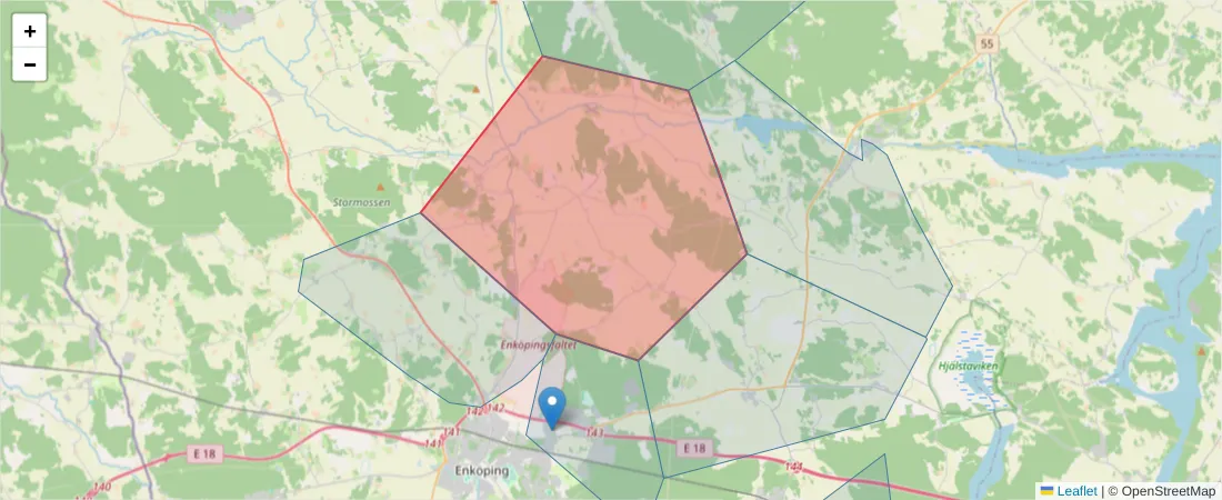 Karta över postnummerområdet  och angränsande postnummer i Sverige
