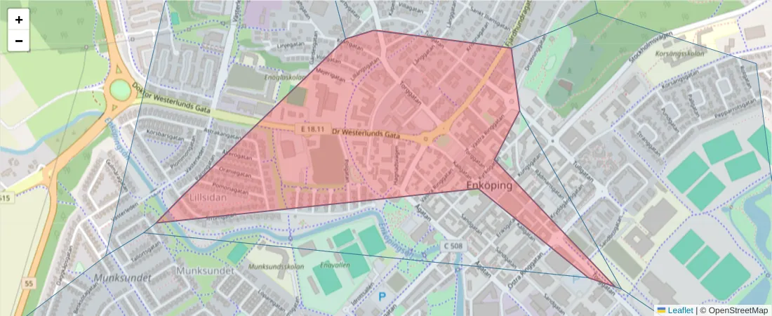 Karta över postnummerområdet  och angränsande postnummer i Sverige